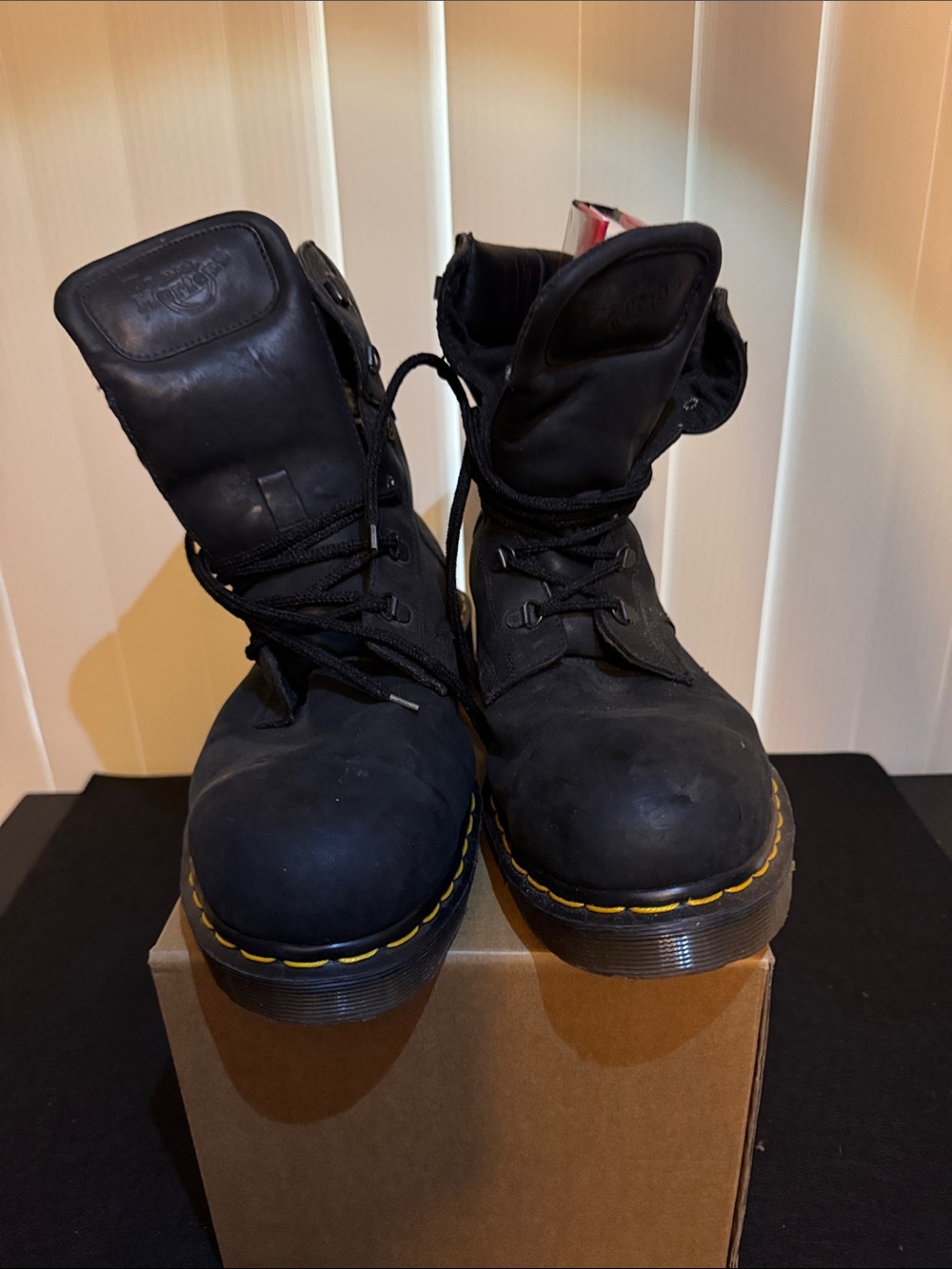 Dr. Martens Black Lace-Up steel toe Boots with Yellow Stitching